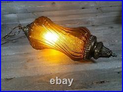 Vtg Hanging Swag Lamp Amber Gold Swirl Optic Glass #2