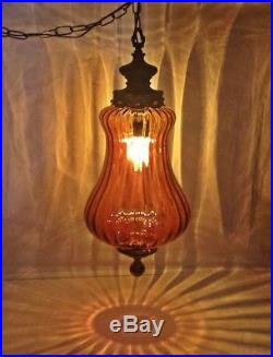 Vtg Hanging Swag Lamp Amber Ribbed Glass Globe Rewired Large Unique Retro Light