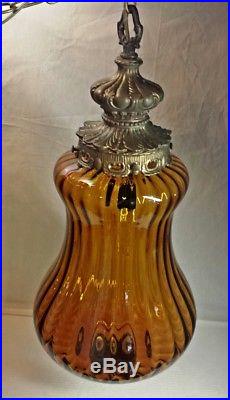 Vtg Hanging Swag Lamp Amber Ribbed Glass Globe Rewired Large Unique Retro Light