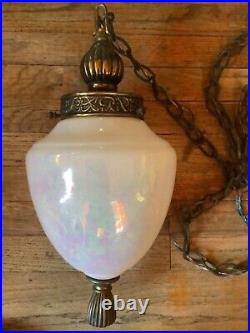 Vtg Hanging Swag Lamp Globe Mid Century MCM Pearl Iridescent White light