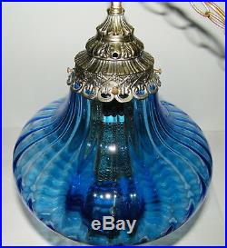 Vtg Hanging Swag Lamp Onion Blue Glass Tall Brass Atomic UFO Mid Century Modern