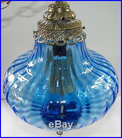 Vtg Hanging Swag Lamp Onion Blue Glass Tall Brass Atomic UFO Mid Century Modern