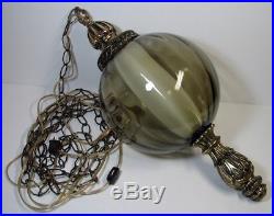 Vtg Hanging Swag Lamp Smoke Colored Optic Glass Globe Retro MCM Light Rewired