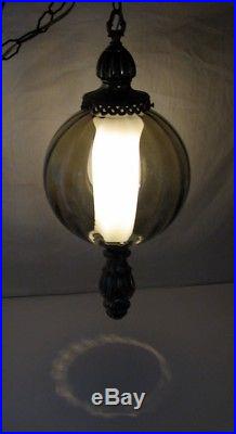 Vtg Hanging Swag Lamp Smoke Colored Optic Glass Globe Retro MCM Light Rewired