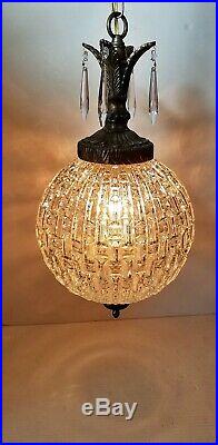 Vtg Hanging Swag Lamp Unique Globe Glass Prisms Hollywood Regency Light Rewired