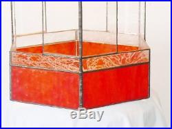 Vtg Hanging Swag Stained Leaded Orange & Red Glass Lamp Light Terrarium Planter