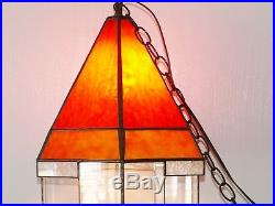 Vtg Hanging Swag Stained Leaded Orange & Red Glass Lamp Light Terrarium Planter