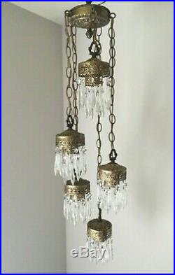 Vtg Hollywood Regency Brass Hanging Filigree MID Century 5 Light Swag Lamp