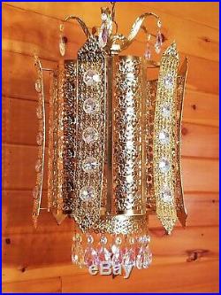 Vtg Hollywood Regency Gold with Iridescent Crystals Retro Hanging Swag Light/Lamp