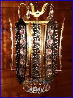 Vtg Hollywood Regency Gold with Iridescent Crystals Retro Hanging Swag Light/Lamp