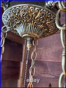 Vtg Hollywood Regency Metal Filagree 5 Pendant Heavy Bronze Hanging Swag Lamp
