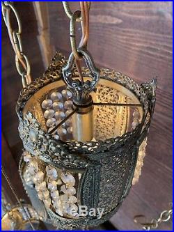 Vtg Hollywood Regency Metal Filagree 5 Pendant Heavy Bronze Hanging Swag Lamp