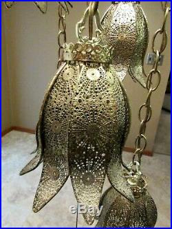Vtg Hollywood Regency Metal Filigree Gold 5 Pendant Hanging Swag Lamp- Mint