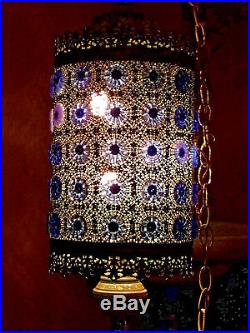 Vtg Hollywood Regency ROSETTE Metal Filagree PENDANT Lantern Hanging SWAG LAMP