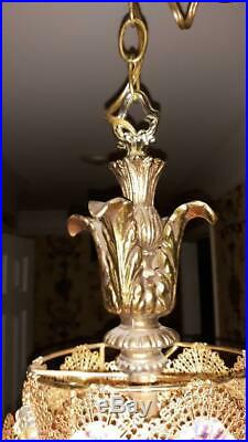 Vtg Hollywood Regency ROSETTE Metal Filigree PENDANT Lantern Hanging SWAG LAMP