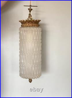 Vtg Hollywood Regency Swag Lamp Frosted Diamond Glass Pendant Ceiling Light
