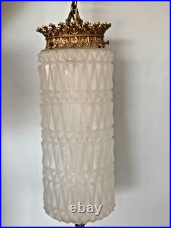 Vtg Hollywood Regency Swag Lamp Frosted Diamond Glass Pendant Ceiling Light