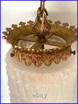Vtg Hollywood Regency Swag Lamp Frosted Diamond Glass Pendant Ceiling Light