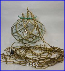 Vtg Italian Geometric Beveled Glass and Brass Hanging Lamp Chandelier Pendant