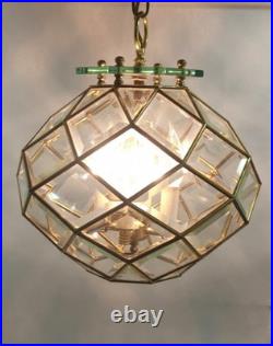 Vtg Italian Geometric Beveled Glass and Brass Hanging Lamp Chandelier Pendant
