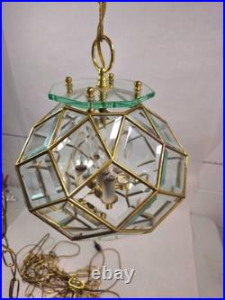 Vtg Italian Geometric Beveled Glass and Brass Hanging Lamp Chandelier Pendant
