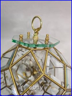 Vtg Italian Geometric Beveled Glass and Brass Hanging Lamp Chandelier Pendant