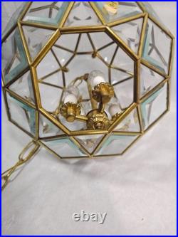 Vtg Italian Geometric Beveled Glass and Brass Hanging Lamp Chandelier Pendant