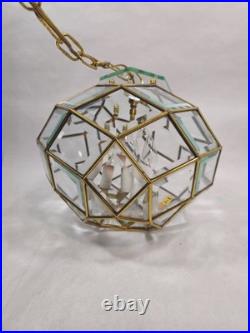 Vtg Italian Geometric Beveled Glass and Brass Hanging Lamp Chandelier Pendant