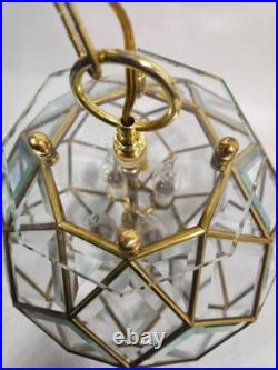 Vtg Italian Geometric Beveled Glass and Brass Hanging Lamp Chandelier Pendant