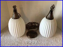 Vtg John C Virden Double Swag Hanging Light Pendent Frosted Ribbed Glass Shades