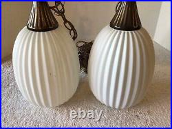 Vtg John C Virden Double Swag Hanging Light Pendent Frosted Ribbed Glass Shades
