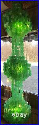 Vtg Large Emerald Green Capiz Shell 3-Tier Hanging Lamp Chandelier Mid Century