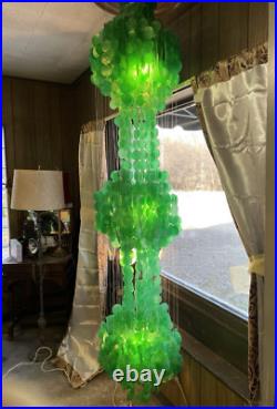 Vtg Large Emerald Green Capiz Shell 3-Tier Hanging Lamp Chandelier Mid Century
