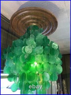 Vtg Large Emerald Green Capiz Shell 3-Tier Hanging Lamp Chandelier Mid Century