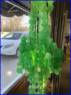 Vtg Large Emerald Green Capiz Shell 3-Tier Hanging Lamp Chandelier Mid Century