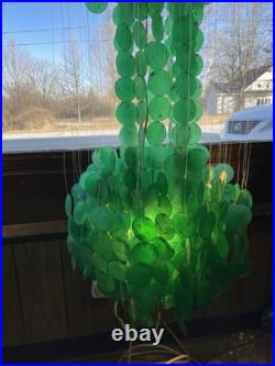 Vtg Large Emerald Green Capiz Shell 3-Tier Hanging Lamp Chandelier Mid Century