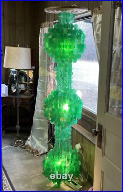 Vtg Large Emerald Green Capiz Shell 3-Tier Hanging Lamp Chandelier Mid Century