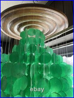 Vtg Large Emerald Green Capiz Shell 3-Tier Hanging Lamp Chandelier Mid Century