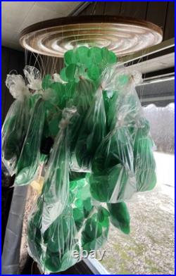 Vtg Large Emerald Green Capiz Shell 3-Tier Hanging Lamp Chandelier Mid Century