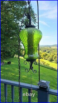 Vtg Large Green Glass Hanging Swag Light Lamp MCM Mid Century Plug-In Diffuser