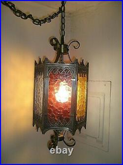 Vtg Large Retro Gothic Spanish/Tudor Hanging Swag Light/Lamp-Blue Amber Red