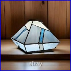 Vtg Leaded Stained Glass Lamp Shade 5 Sided Blues White Geometric Brass Etched