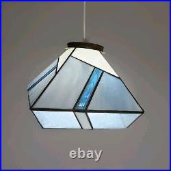 Vtg Leaded Stained Glass Lamp Shade 5 Sided Blues White Geometric Brass Etched
