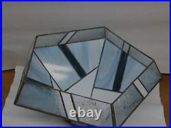 Vtg Leaded Stained Glass Lamp Shade 5 Sided Blues White Geometric Brass Etched