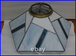 Vtg Leaded Stained Glass Lamp Shade 5 Sided Blues White Geometric Brass Etched