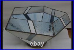 Vtg Leaded Stained Glass Lamp Shade 5 Sided Blues White Geometric Brass Etched