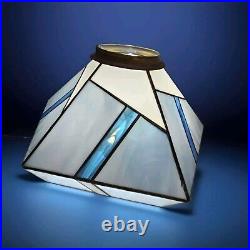 Vtg Leaded Stained Glass Lamp Shade 5 Sided Blues White Geometric Brass Etched