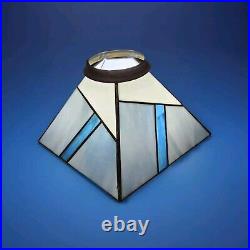 Vtg Leaded Stained Glass Lamp Shade 5 Sided Blues White Geometric Brass Etched