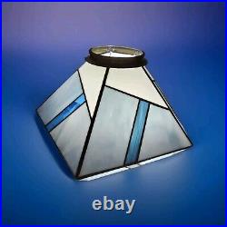 Vtg Leaded Stained Glass Lamp Shade 5 Sided Blues White Geometric Brass Etched