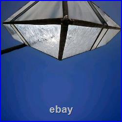 Vtg Leaded Stained Glass Lamp Shade 5 Sided Blues White Geometric Brass Etched